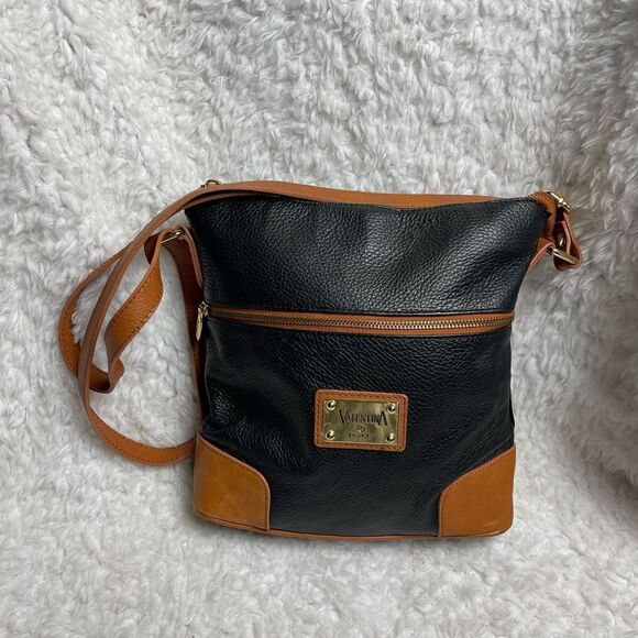 Valentina Italia black pebble leather bucket style shoulder bag tan trim… - Picture 3 of 10